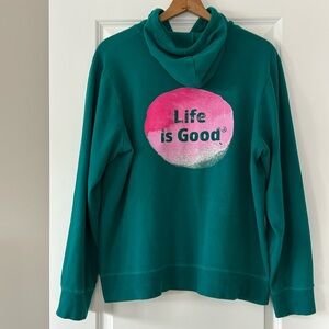 Life is Good Green Hoodie Sweatshirt w Graphics on Back Sz XL w MEASUREMENTS!